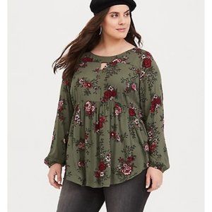 Torrid Green Floral Babydoll Tunic Long Sleeves - Size 00